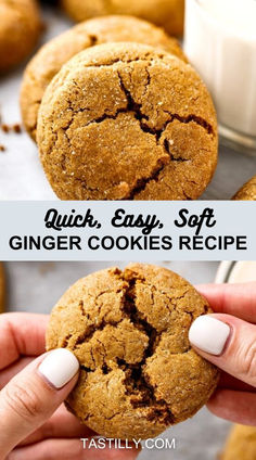 two pictures of ginger cookies with the words quick, easy and soft in front of them