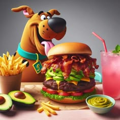 a cartoon dog is eating a giant hamburger with bacon, lettuce and avocado