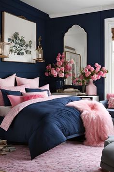 a bedroom with blue walls and pink accents