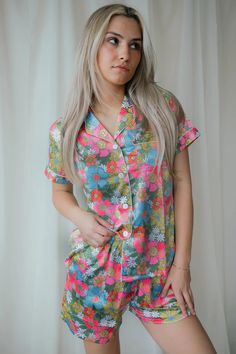 Flowerland Custom Satin Pajamas – Spikes and Seams Spring Printed Sleepwear For Pajama Party, Printed Sleepwear For Pajama Party In Spring, Printed Sleepwear For Spring Pajama Party, Green Relaxation Sleepwear For Spring, Multicolor Lounging Sets For Spring, Multicolor Lounge Sets For Spring, Spring Floral Print Sleepwear, Spring Bedtime Satin Sets, Spring Floral Print Sleepwear For Relaxation