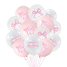 a bunch of pink and white balloons with the words happy birthday written on them,