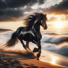 a black horse running on the beach at sunset with waves crashing in front of it