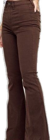 Fitted Full Length Brown Flare Jeans, Wide Leg Brown Flare Jeans For Work, Fitted Brown Flare Jeans, Casual Brown Flare Jeans, Brown Straight Leg Flare Jeans, Fitted Brown Jeans For Spring, Fitted Brown Spring Jeans, Spring Brown Cotton Flare Jeans, Brown Mid-rise Jeans For Work