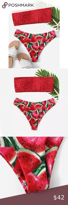 🍉Watermelon Margarita Bikini Set🍉...🍸 🍉Watermelon Margarita Bikini Set🍉 Splash into summer with this delightful two piece bandeau bikini set. Top is lightly padded with removable inserts.  Whether enjoying cocktails poolside or lounging in your cabana, this swimsuit is fun, flirty, and perfect for soaking in the rays and frolicking in the sunshine!  Material: Polyester Glitz and Glam Swim Bikinis Red Flag Print Swimwear For The Beach, Fitted Strawberry Print Swimwear For Beach, Strawberry Print Swimwear For Summer Beach, Red Moisture-wicking Swimwear For Beach, Fitted Swimwear For Poolside, 4th Of July, Watermelon Margarita, Glitz And Glam, Womens Swim, Watermelon