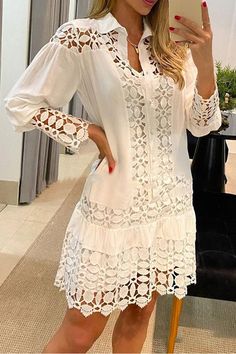 Chasing Love Guipure Lace Patch Shirt Dress Mint Green Fashion, Shirt Collar Styles, Patch Shirt, Patches Shirt, Lace Splicing, Guipure Lace, Vestidos Vintage, White Shirt Dress, Vestido Casual