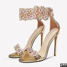 Fisdy - Gold Stiletto Sandals with Shimmering Rhinestone Embellishments and Ankle Strap Gold Stilettos, Sparkly Sandals, Hip Clothes, Square Toe Sandals, Open Toe High Heels, Stiletto Boots, Rhinestone Embellishments, Stiletto Sandals, Evening Shoes