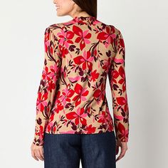 This Liz Claiborne women's top features a bold floral pattern against a soft neutral background. It's made from soft jersey for a regular-fit with a mock neck and long fitted sleeves. Wear it with pants and heels or tuck it into a pencil skirt for a dressy look. Closure Type: Pullover HeadFit: Regular FitNeckline: Mock NeckSleeve Length: Long SleeveSleeve Style: Fitted SleeveApparel Length: 27 InchesFiber Content: 95% Rayon, 5% SpandexFabric Description: JerseyCare: Machine Wash, Tumble DryCoun… Stretch Floral Print Tops For Work, Floral Print Stretch Tops For Work, Versatile Long Sleeve Top With Floral Print, Beige Floral Print Tops For Fall, Fall Floral Print Beige Tops, Fitted Floral Print Tops For Work, Fitted Beige Floral Print Top, Neutral Background, Fitted Sleeves