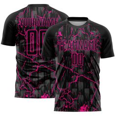 a black and pink soccer jersey with the number 10 on it, featuring lightnings