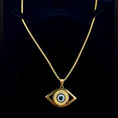 Nwot Evil Blue Eye Necklace. Never Fade Stainless Steel. Chain 19.69”. Pendant 1.38”X0.9”. Blue Jewelry With Chain And Round Pendant, Blue Round Pendant Jewelry With Chain, Blue Round Pendant Chain Jewelry, Blue Jewelry With Round Pendant Chain, Blue Pendant Chain Necklace With Adjustable Chain, Blue Round Chain Necklace, Elegant Blue Necklace With Gold Chain, Blue Pendant Chain Necklace With Clavicle Chain, Blue Pendant Clavicle Chain Necklace