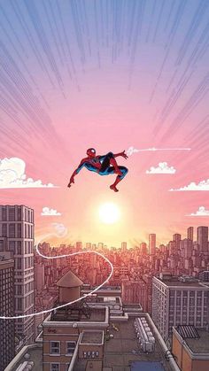 spider - man flying over the city at sunset