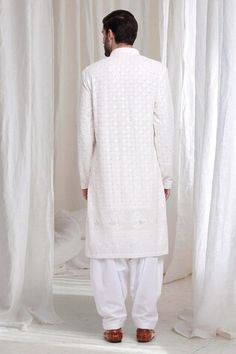 White kurta with thread sequin embroidered floral vine patterns. Comes with patiala and dupatta. - Aza Fashions Men Kurta, White Kurta, Floral Vine, Mandarin Collar, Aza Fashion, White Cotton, Vines, Sequin, Thread