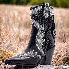 These Rhinestone Cowboy Boots For Women Are Designed With Embroidered And Stitching, Pointed Toe, Rivet, Flat With Chunky Heel, Anti-Skid Rubber Sole. Pull-On Cowboy Boots With Side Zipper Design, Easy To Put On And Take Off. Height Of Heel 9.5cm/ 3.74 In. The High Heel Height Is Easy To Match. These Women's Ankle Boots & Booties Are Worn By Comfort/ Breathable/ Warm. Embellished Festival Boots For Fall, Western Boots With Rhinestone Fringe For Fall, Western Rhinestone Fringe Boots For Fall, Western Party Boots With Fringe, Western Boots With Rhinestone Fringe And Round Toe, Leather Party Boots With Rhinestone Fringe, Party Leather Boots With Rhinestone Fringe, Winter Boots With Rhinestone Fringe, Black Western Boots With Rhinestone Rivets