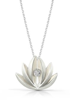 Silver & Stone Necklace - A dimensional lotus flower is hand fabricated in sterling silver, with a white sapphire nestled into the center.<br><br>Adjustable sterling silver chain with friction pull slider. Lotus Inspired Jewellery, Lotus Jewelry Design, White Sterling Silver Jewelry With Detachable Pendant, Sketch Jewelry, Lotus Flower Jewelry, Lotus Flower Pendant, Buddhist Jewellery, Lotus Jewelry, Lotus Necklace