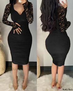 KatyKey - Chic Long Sleeve Bodycon Dress with Contrast Lace and Ruched Details Lingerie Design, Batwing Sleeve Sweater, Bodycon Dress Black, Neck Bodycon Dress, Ruched Bodycon Dress, Lace Long Sleeve, Midi Dress Party, Sleeve Bodycon Dress, Pleated Maxi Dress