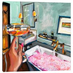 a painting of a person holding a drink in front of a sink with soap on it