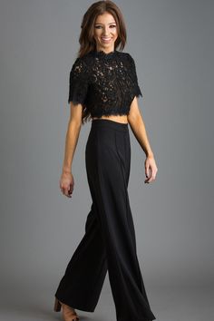 Lace Tops Outfit, Lace Crop Top Outfit, Black Lace Top Outfit, Crop Top Outfit, Cute Bottoms, Tops Outfit, Black Lace Crop Top, High Waisted Wide Leg Pants, Olivia Black