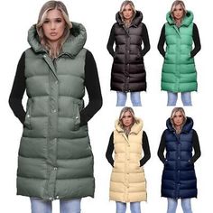 Trendy Fashion Womens Long Line Hooded Puffer Gilet Jacket Padded Body Warmer Side Pockets, Women's Activewear Solid Color Fall Vest With Pockets, Winter Cold Weather Sleeveless Vest, Hooded Vest Outerwear For Cold Weather, Winter Sleeveless Vest For Cold Weather, Sleeveless Vest For Winter Cold Weather, Sleeveless Vest For Cold Weather And Winter, Sleeveless Vest For Cold Weather, Casual Winter Vest Outerwear, Casual Winter Vest