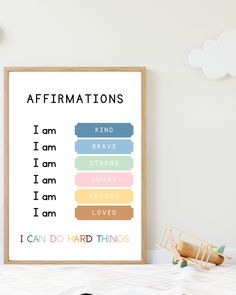 a poster with the words affirmmations on it next to a toy airplane