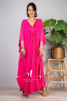 "Pink Maxi Dress, Petite kaftan, Evening Dress for small, Maternity dress, pre wedding dress, loose fit dress, fuchsia dress, summer caftan dress, hot pink dress Petite to Small version : up to US 12 - UK 14 - EU 40 * Chest : up to 42\" * Waist : free up to 42\" * Hips : free up to 42\" * Length : 50.5\" from shoulder to hem MATERIAL  * ITY Polyester * No lining  Elegant Collection --> Produced by NUICHAN & Co   MODEL :  * Model chest : 32\", waist : 24\" hips : 35\"  * Combined Height is 5\"6 > Elegant Pink V-neck Kaftan, Elegant Pink Beach Cover-up Dress, Elegant Pink Dress For Beach Cover-up, Elegant Pink Kaftan For Beach Cover-up, Pink V-neck Tunic For Beach Cover-up, Pink Long Maxi Dress For Beach Cover-up, Pink V-neck Kaftan For Spring, Pink Tunic Dress For The Beach, Pink V-neck Tunic For The Beach