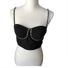 New With Tags, Black Bralette, Embellished. Size Medium. Check The Measurements In Picture. Adjustable Straps. Stretchy Material. Elegant Embellished Black Crop Top, Elegant Black Embellished Crop Top, Chic Black Crop Top With Rhinestones, Elegant Black Crop Top With Rhinestones, Elegant Black Rhinestone Crop Top, Black Fitted Crop Top With Rhinestones, Chic Embellished Crop Top For Club, Glamorous Black Embellished Crop Top, Party Black Crop Top With Rhinestones