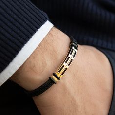 14K Real Gold Men's Gold Bracelet, Black Rope Men Bracelet for Daily Use, Yellow Solid Gold Men Jewelry *Free Express International Shipping *Free returns within 14 days from the order date. NEXT BUSINESS DAY SHIPPING! PRODUCT DETAILS *The product is made of 100% 14k Solid Gold and it has a 14K or 585 stamp on item. (We don't sell filled or plated jewelry) *The package includes a gold certificate. *Every package comes in a gift box. *14K gold indicates that the product is produced from 58% pure New Breslet Design Gold, Black And Gold Bracelet Men, Gold Gifts For Men, Breslet Jewelry Gold For Man, Men’s Bracelet Designs, Men’s Gold Bracelet, Men Bracelet Gold For Him, Gold Bracelet For Men Design, Boys Gold Bracelet Design