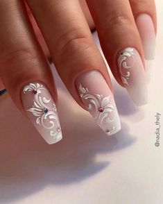 Grandma Nails, Embossed Nails, Nails Lace, Nails For Bride, Bridal Nail Art, Wedding Nails Glitter, Art Deco Nails, Fancy Nails Designs