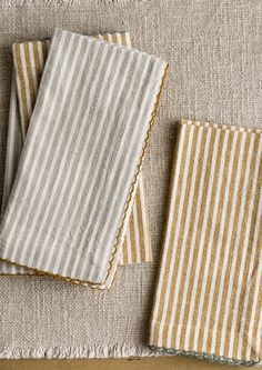 A set of four striped dinner napkins in grey-blue and brown stripes. Kitchen Cloth Napkins, Table Linen Ideas, Natural Linen Napkins, Stripe Napkin, Ric Rac Napkins, Linen Napkins Wedding, Farmhouse Napkins