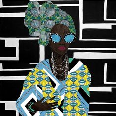 a painting of a woman with blue sunglasses and a green flower in her hair, standing against a black background