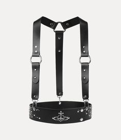 The Studs harness sits over the shoulders and wraps around the waist with industrial-style straps. Black Leather Punk Harness, Gothic Leather Harness With Belt, Black Gothic Leather Harness, Black Vivienne Westwood, Harajuku Street, Leather Finish, Leather Harness, Women's Belt, Into The Future