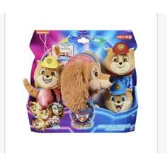 three stuffed animals are in the package