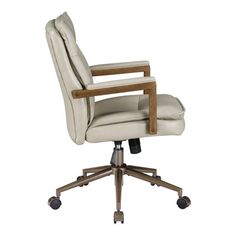 a white leather office chair with wooden arms and back rests on casteors, viewed from the front