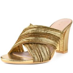 Gold Mules With Padded Block Heel, Gold Block Heel Mules For Summer, Trendy Mules With Wrapped Block Heel, Chic Gold Mules With Stacked Heel, Party Mules With Wrapped Block Heel, Chic Slip-on Block Heels, Party Slip-on Mules With Stacked Heel, Party Mules With Stacked Heel, Trendy Gold Slip-on Heels