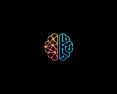 two brain sections in the middle of a black background, one with neon lights on it