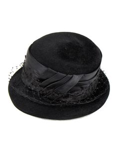 Black felt bucket-style hat with a short brim and a tall satin hatband with pleating detail and a swathe of black net. A versatile style to pair well with your other sixties pieces. Approx 21.5" internal circumference. Gatsby Style Mini Hat With Short Brim For Evening, Evening Gatsby Mini Hat With Short Brim, Vintage Black Bucket Hat With Curved Brim, Vintage Black Wide Brim Bucket Hat, Gatsby Style Short Brim Costume Hats For Evening, Evening Gatsby Costume Hat With Short Brim, Black Cloche Hat For Party, Adjustable Cloche Top Hat For Evening, Wide Brim Top Hat For Winter Evening