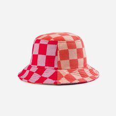 Melon Blush | Checkerboard Patchwork Bucket Hat Casual Brimmed Bucket Hat For Picnic, Adjustable Plaid Hats For Beach, Casual Gingham Hats With Curved Brim, Plaid Curved Brim Hat For Beach, Plaid Curved Brim Hat For The Beach, Spring Plaid Hat With Curved Brim, Casual Wide Brim Plaid Hat, Plaid Hats For Summer Beach, Summer Gingham Hat With Curved Brim