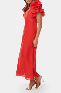 This ever-enchanting dress is designed in a fiery hue and framed by luscious voluminous ruffles. 53 1/2" length (size 8) Hidden side-zip closure V-neck Short sleeves Lined 72% lyocell, 15% linen, 13% polyamide Hand wash, line dry Imported Flowy Ruffle Dress For Evening, Flowy Ruffle Dress For Evening Wear, Red Ruffle Dress With Ruffle Hem For Evening, Red Ruffle Hem Dress For Evening, Red Silk Dress With Ruffles, Red Ruffle Dress For Summer Evenings, Red Ruffle Evening Dress For Summer, Red Ruffle Dress For Evening In Summer, Red Evening Dress With Ruffled Straps