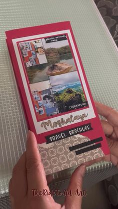 a person is holding up a travel brochure