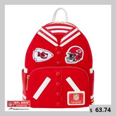 Show off your Kansas City Chiefs pride everywhere you go with this Varsity Mini Backpack from Loungefly. This backpack features a large main compartment with dual-entry zippers, providing ample space for your essentials, while the front zippered pocket and two side pockets offer additional storage options. The adjustable, padded shoulder straps ensure a comfortable carry, whether you're heading to the game or running errands around town. College Backpack With Zipper Closure, College Backpack With Standard Shape, Sporty Bags With Zipper Closure For Back To School, College Bags With Zipper Closure For Back To School, Back To School College Bags With Zipper Closure, Sporty College Backpack, Sporty Backpack For College, Functional College Bags For Back To School, Functional College Backpack For Back To School