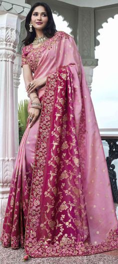 Pink and Majenta color Saree in Viscose fabric with Embroidered, Resham, Sequence, Thread work Luxury Pink Saree With Gota Work, Pink Embroidered Fabric With Zari Weaving For Wedding, Pink Wedding Embroidered Fabric With Zari Weaving, Engagement Reception, Reception Lehenga, Wedding Pink, Wedding Saree, Waist Chain, Thread Work