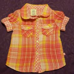 Pink And Yellow Plaid Button-Up Shirt. 100% Cotton. New Condition, Never Worn Cute Collared Shirt For Summer, Cute Collared Summer Shirt, Cute Collared Tops With Button Closure, Cute Collared Top With Button Closure, Cute Cotton Tops With Button Closure, Cute Button-up Shirt For Summer, Cute Orange Short Sleeve Shirt, Cute Multicolor Shirt For Playtime, Cute Button-up Shirt With Details