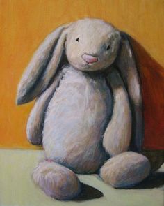 a pastel painting of a bunny sitting on the ground with an orange background and yellow wall