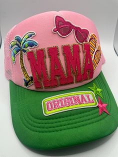 Custom trucker hat for Mama's that rock that Lilly Pulitzer vibe. Beach Snapback Visor Hat With Letter Print, Summer Trucker Baseball Cap With Curved Brim, Summer Trucker Hat With Curved Bill, Trucker Baseball Cap With Curved Brim For Summer, Spring Vacation Trucker Hat, Summer Streetwear Hat With Visor, Summer Streetwear Visor Hat, Summer Snapback Baseball Cap With Letter Print, Summer Letter Print Snapback Baseball Cap