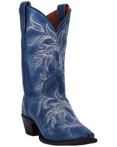 Dan Post Women's Nora Blue Leaf Stitch Boots - Snip Toe , Blue, hi-res Horse Clothing, Leaf Stitch, Dan Post Boots, Leather Cowgirl Boots, Girl Boots