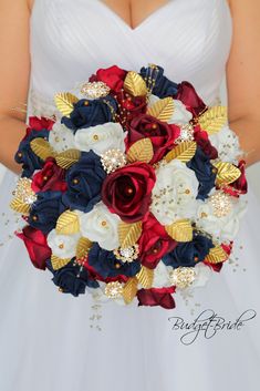 a bridal bouquet with red, white and blue flowers