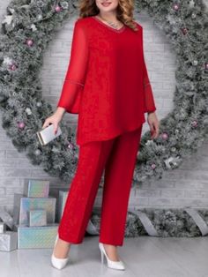 Plus Size Two-Piece Suit Party Evening Formal Dress Long Pants Casual, Chiffon Pants, Long Gowns, Plus Size Two Piece, Red Chiffon, Shirt Pant Set, Half Sleeve Tops, Modieuze Outfits, Evening Formal