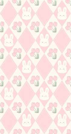 a pink and white checkered pattern with rabbits in the center, flowers on each side