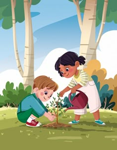 two children are planting trees in the park