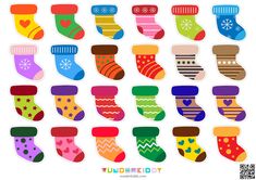 a collection of colorful socks with hearts and snowflakes