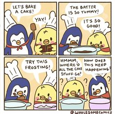 a comic strip with penguins cooking food and talking to each other about the same thing