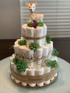 a three tiered cake made out of rolls of toilet paper and succulents